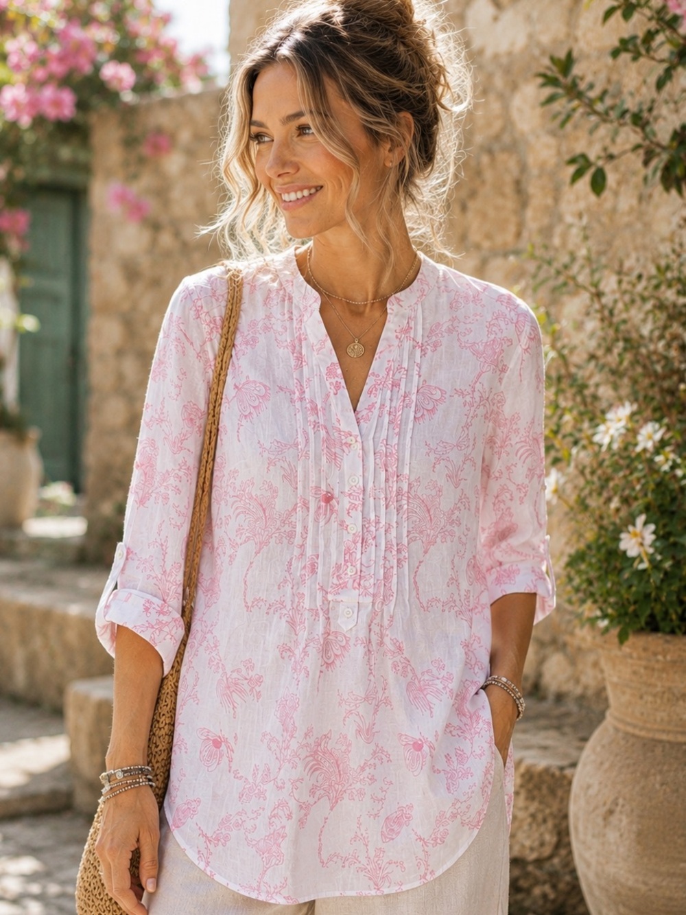 Malvin 100% Linen Pink Floral Tunic Blouse Pintuck Boho Medium